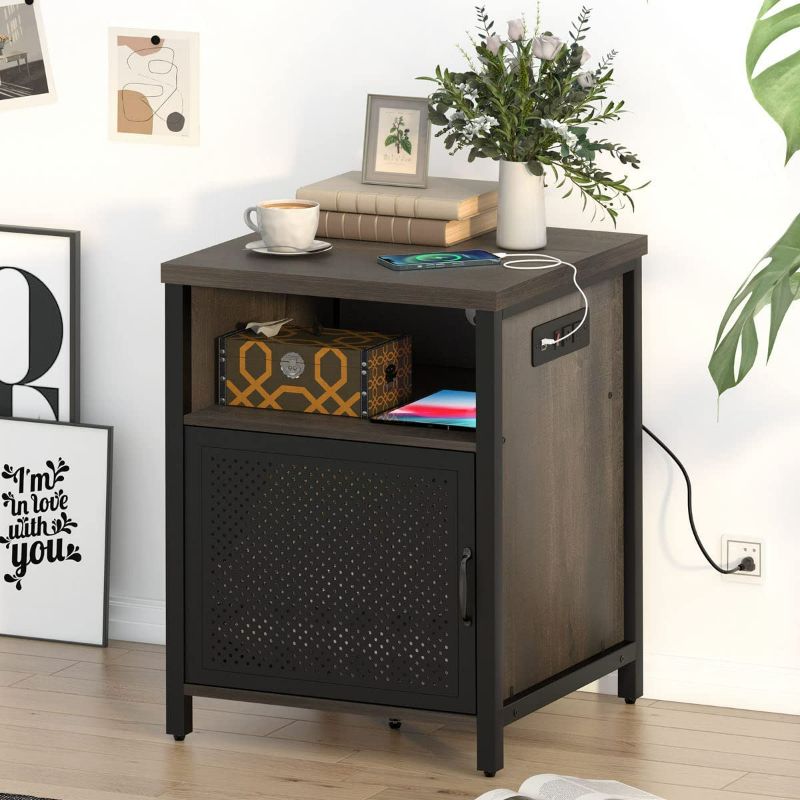 Photo 1 of FATORRI Farmhouse Side Table with Charging Station for Living Room, Small Wood and Metal Nightstand for Bedroom, Rustic Sofa Side Table and Bedside with Storage (Walnut Brown) NEW