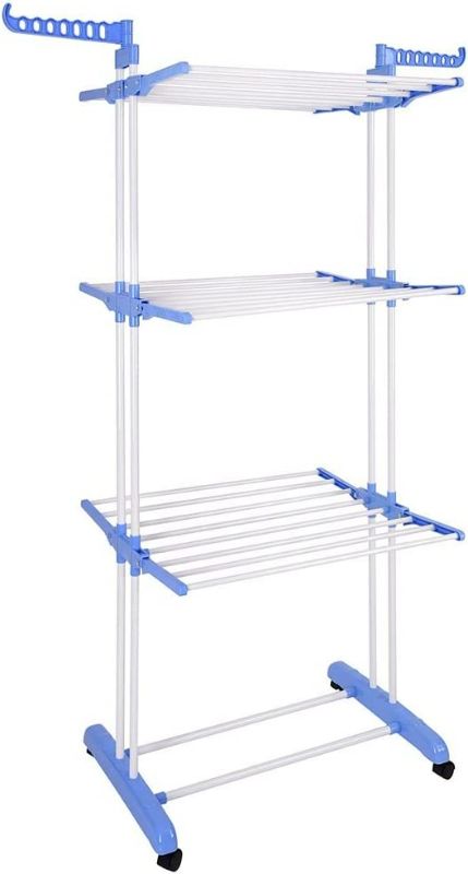 Photo 1 of Aquaterior Folding 3 Tier Clothes Drying Rack Rolling Collapsible Garment Laundry Dryer Hanger Stand Rail with Two Side Wings Indoor Blue NEW
