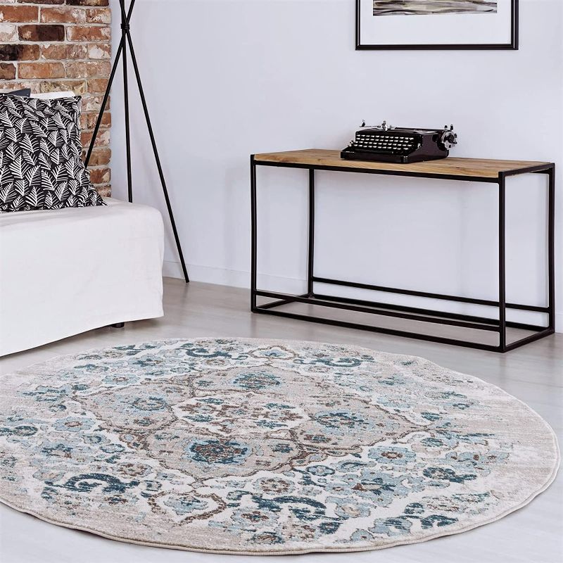 Photo 1 of Persian Area Rugs Luxe Weavers Distressed Cream 6 Foot Round Area Rug, Modern, Stain Resistant Carpet, Indoor Oriental Rug, 6 Ft Diameter NEW 