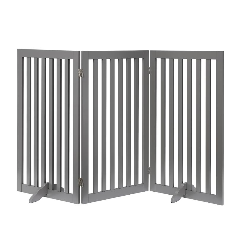 Photo 1 of Unipaws Freestanding Wooden Dog Gate Foldable Pet Gate with 2PCS Support Feet Dog Barrier Indoor Pet Gate Panels for Stairs 36 Inch Tall 60 Inch 
