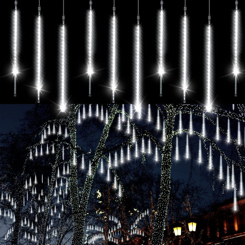 Photo 1 of Aluan Christmas Lights Meteor Shower Lights, 20 Tube 960 LED 20inch Outdoor Falling Rain Lights Waterproof Plug in Meteor Lights for Holiday Party Christmas Decoration, Cool White
