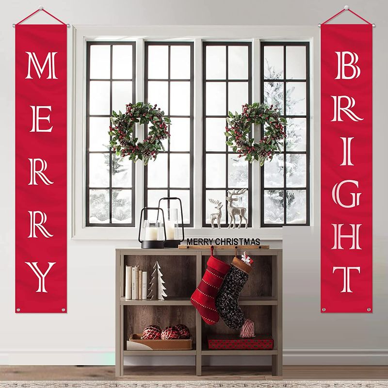 Photo 1 of Christmas Decorations Outdoor Indoor - Merry Bright Porch Sign - Red Xmas Decor Banners for Home Wall Door Apartment Party NEW 
