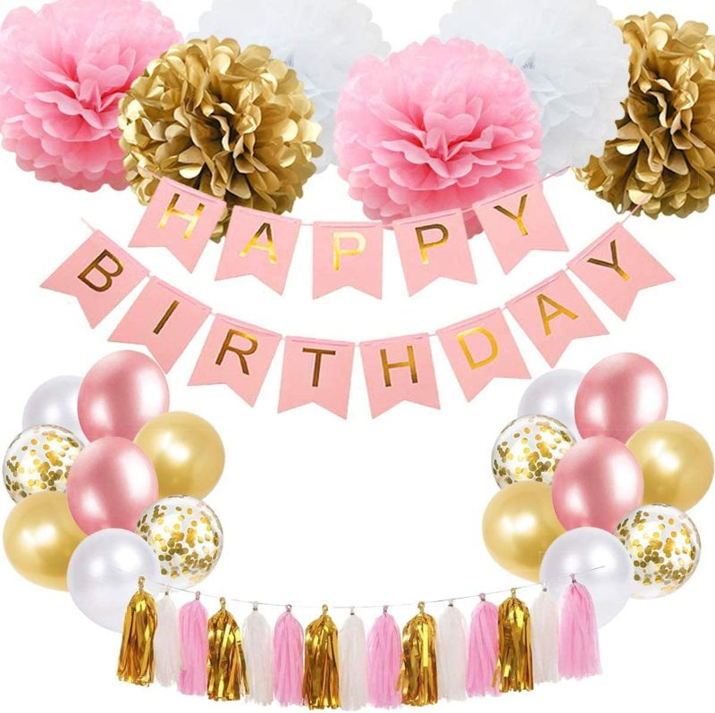 Photo 1 of Conforming Birthday Barty Decoration with Happy Birthday Banner Balloon Paper Flowers & tassel birthday girls NEW 