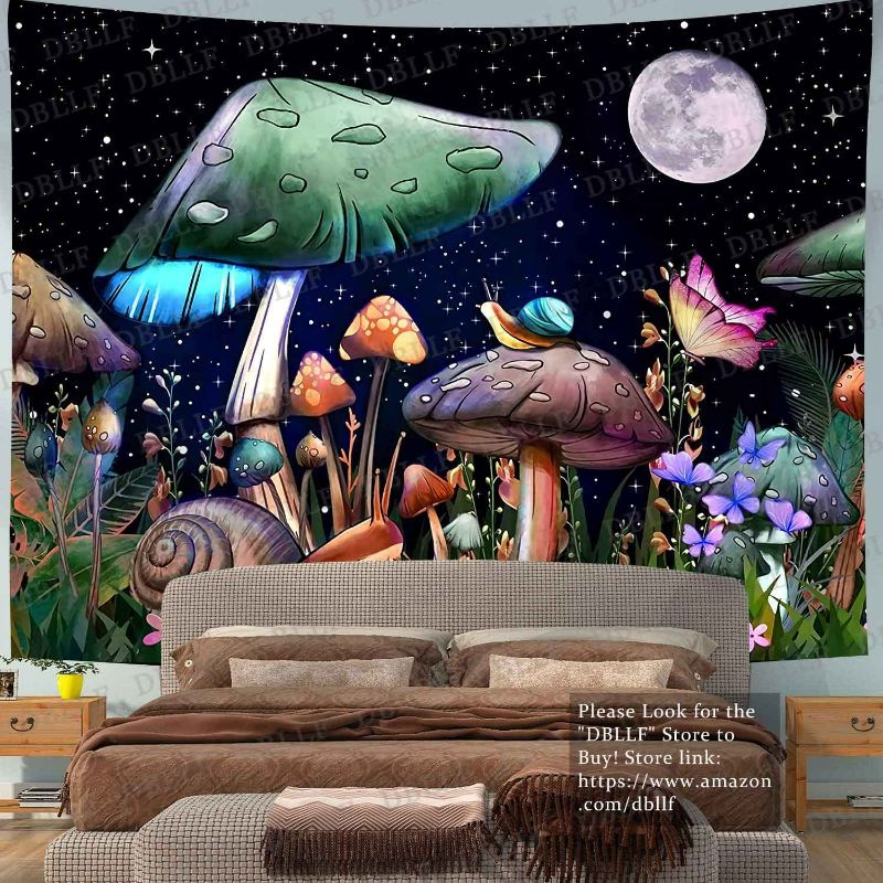 Photo 1 of DBLLF Trippy Mushroom Tapestry Cute Snail Wall Tapestry Fantasy Plants and Flowers Tapestries Moon Stars Tapestries Starry Night Backdrop, 80 x 60 Inches Large Flannel Art Tapestry GTZYDB221- NEW 