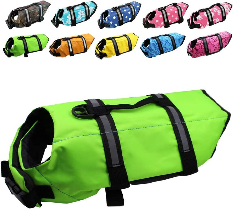 Photo 1 of Dog Life Jacket Easy-Fit Adjustable Belt Pet Saver Swimming Safety Swimsuit Preserver with Reflective Stripes for Doggie (M, Green) NEW 