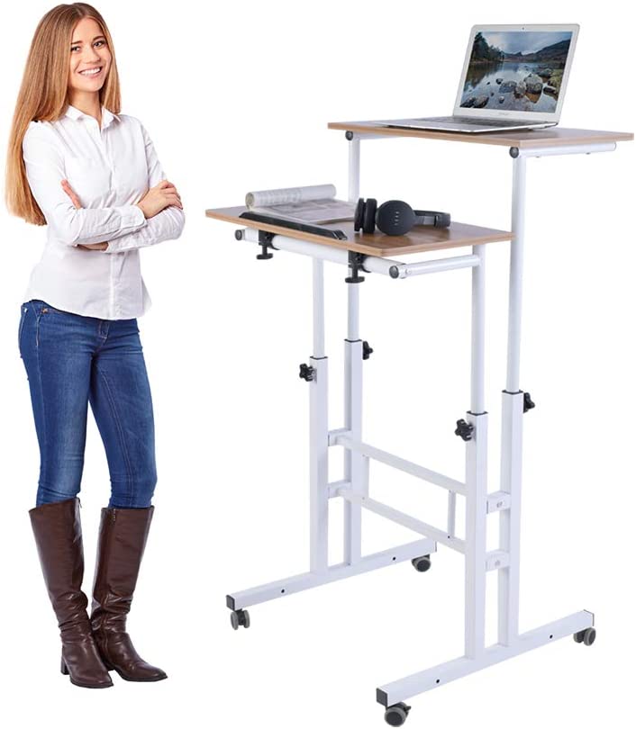 Photo 1 of AIZ Mobile Standing Desk, Adjustable Computer Desk Rolling Laptop Cart on Wheels Home Office Computer Workstation, Portable Laptop Stand for Small Spaces Tall Table for Standing or Sitting, Oak
