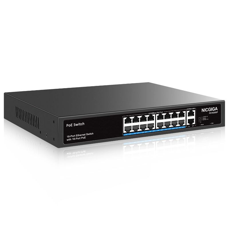 Photo 1 of 16 Port PoE Switch@250W with 2 Gigabit Uplink Port, NICGIGA 18 Port Ethernet PoE Switch, VLAN Mode, Extend to 250m, Sturdy Metal Case, 19 inch RackMount, Plug and Play, Unmanaged
