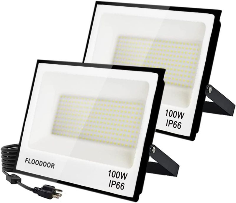 Photo 1 of Floodoor 100W LED Flood Lights Outdoor, 10000LM Super Bright Flood Light with Plug, IP66 Waterproof Safety Work Lights for Yard, Garden, Playground, Basketball Court (2 Pack)
