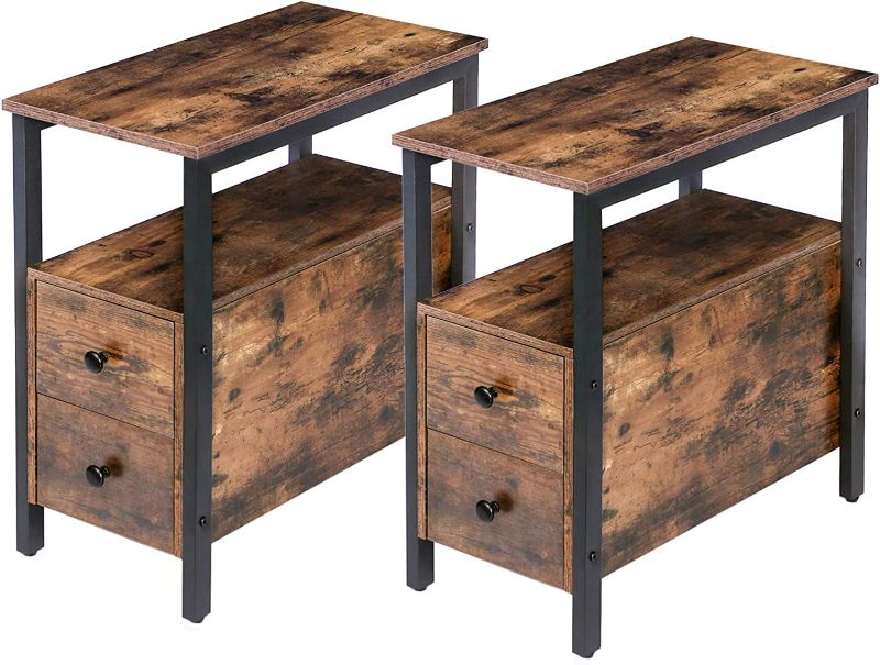 Photo 1 of HOOBRO End Table Set of 2, Narrow Side Table, Nightstand with 2 Drawer and Open Shelf, Bedside Table for Small Space, in Living Room, Wooden Look Accent Table, Rustic Brown and Black 
