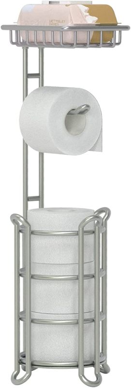 Photo 1 of Toilet Paper Holder Stand Bathroom Tissue Dispenser Holders Rack Free Standing with Extra Shelf Storage Mega Rolls/Phone/Wipe - Silver
