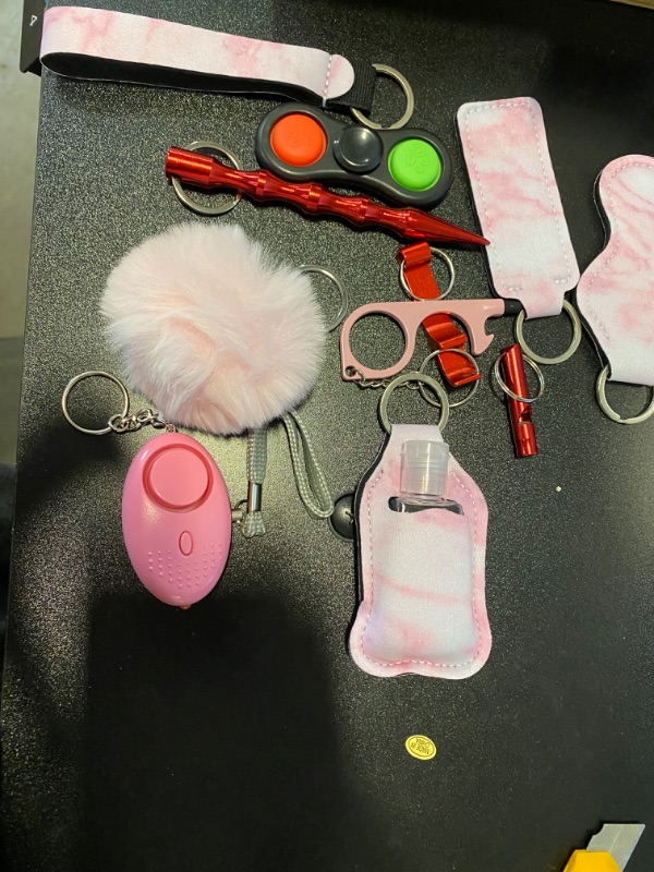 Photo 2 of Safety Keychain Set for Woman with Personal Safety Alarm, Pom Pom and Lip Balm Lanyard Wirstlet (PINK) NEW 