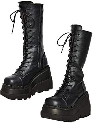 Photo 1 of VIMISAOI Platform Boots for Women, Lace Up Wedge High Heel Goth Punk Combat Mid Calf Boots (42) NEW
