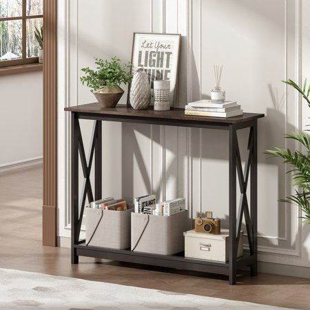 Photo 1 of Jaxpety Console Table X-Frame Narrow Sofa Table W/ Dog Bowls for Home Nut Brown and Black NEW 
