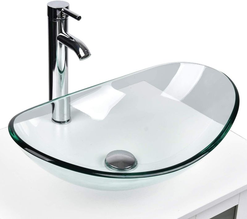 Photo 1 of Bathroom Sink and Faucet Combo - Artistic Tempered Glass Vessel Sink Basin Washing Bowl Set, Cabinet Countertop Sink with Chrome Faucet Pop-up Drain and Water Pipe (Oval Clear Crystal) NEW 
