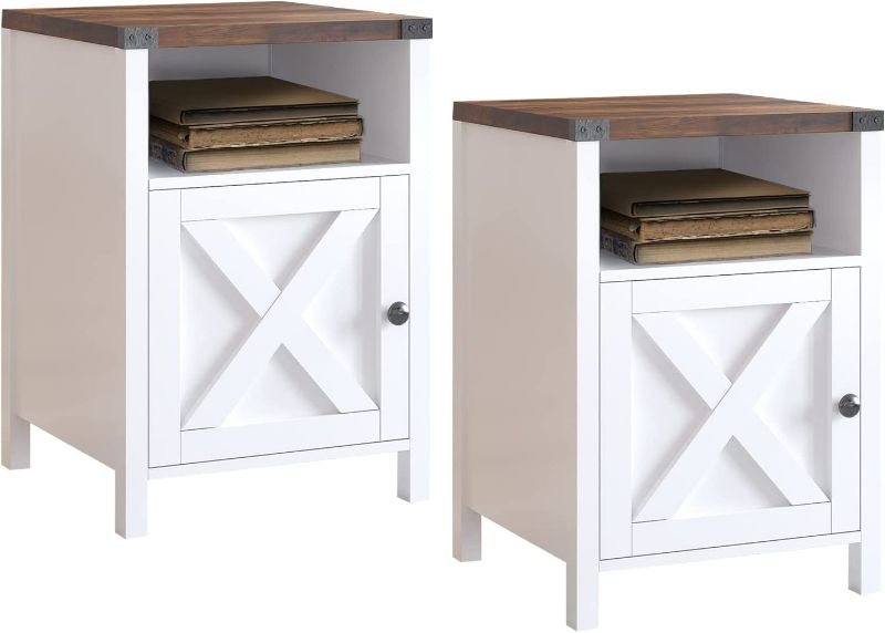 Photo 1 of Farmhouse Nightstand, End Table, Side Table, Set of 2 End Table with Barn Door and Shelf, Modern Bed Side Table End Table, Rustic Nightstands Set for Bedroom, Living Room, Set of 2, White
