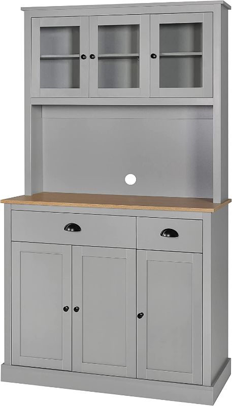 Photo 1 of Kitchen Pantry Storage Cabinet with Microwave Stand, Freestanding Hutch Cabinet with Buffet Cupboard, Drawers and Doors for Home, Grey 