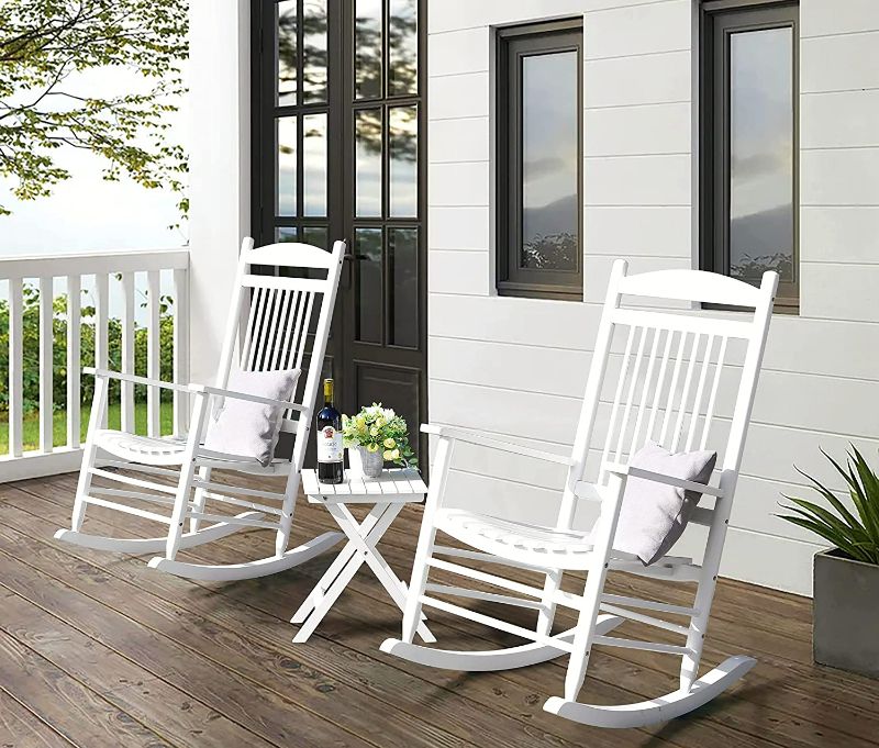 Photo 1 of VEIKOU Outdoor Rocking Chairs, Set of 3 Wooden Rocking Chair All Weather Resistant Porch Rocker w/High Back & Side Table, Supports 275Lbs, White NEW 
