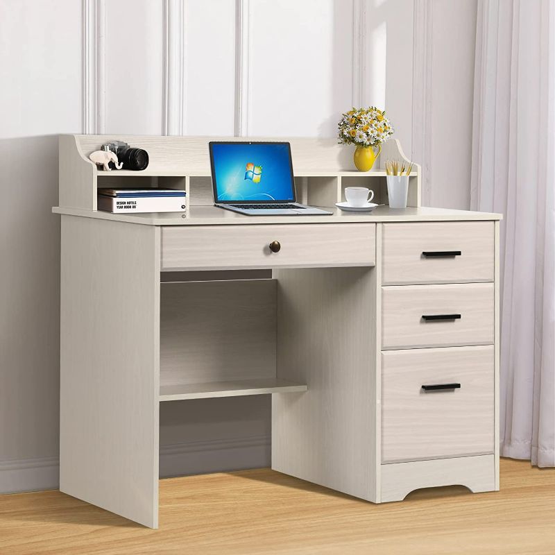 Photo 1 of White Desk with Drawers and Storage, Home Office Desk Computer Desk with 4 Drawers & Hutch, Home Desk Computer Table Desk with Drawers for Bedroom, Off-White NEW 
