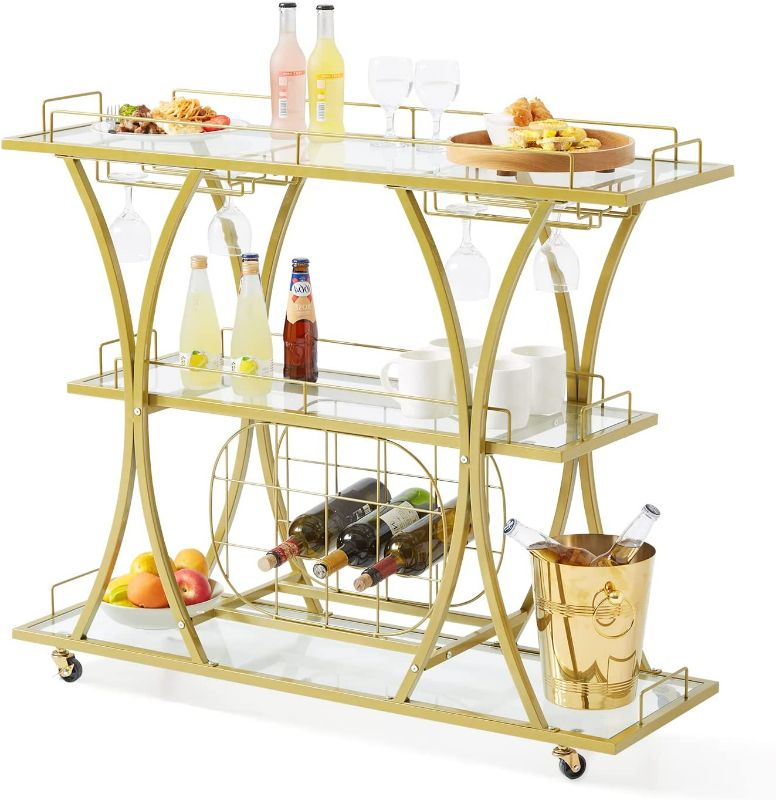Photo 1 of VEVOR Bar Cart Gold, 3 Tiers Home Bar Serving Cart on Lockable Wheels, Rolling Alcohol Cart with Tempered Glass Shelves Guardrail Wine Rack, Modern Wine Cart for Home Kitchen Dining and Living Room NEW
