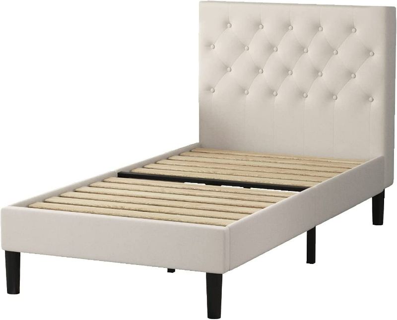 Photo 1 of Twin Bed Frame Upholstered with Button Tufted Headboard, Linen Fabric Modern Platform Bed Frame, Strong Wood Slat Support, Mattress Foundation, No Box Spring Needed, Easy Assembly, Beige NEW 