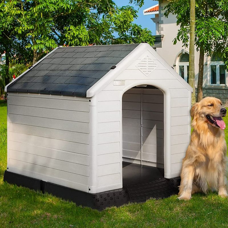 Photo 1 of Plastic Dog House Outdoor Indoor,Durable Dog House for Small Medium Large Dogs,Waterproof Dog Houses with Elevated Floor and Air Vents,Ventilate & Easy Clean and Assemble(Grey) NEW 