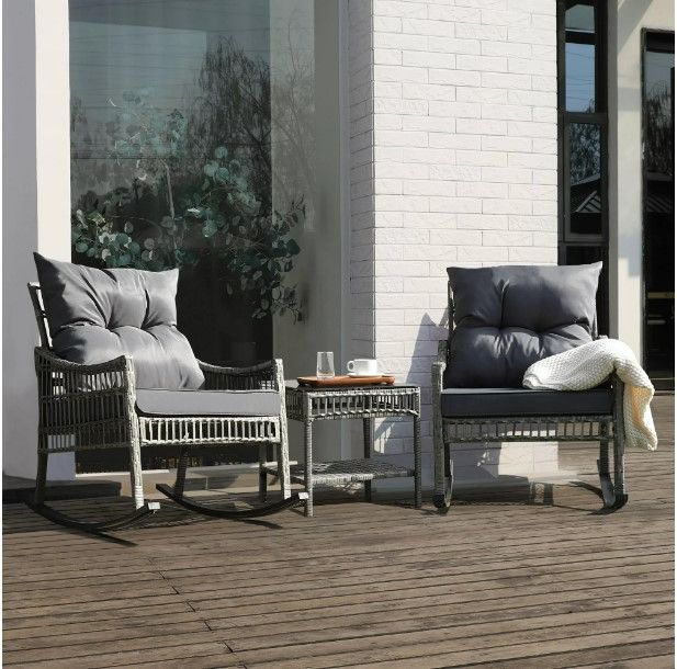 Photo 1 of VEIKOUS Outdoor Rocking Chair Wicker Bistro Set w/Cushions and Table, Cushioned Set of 3, Gray NEW 
