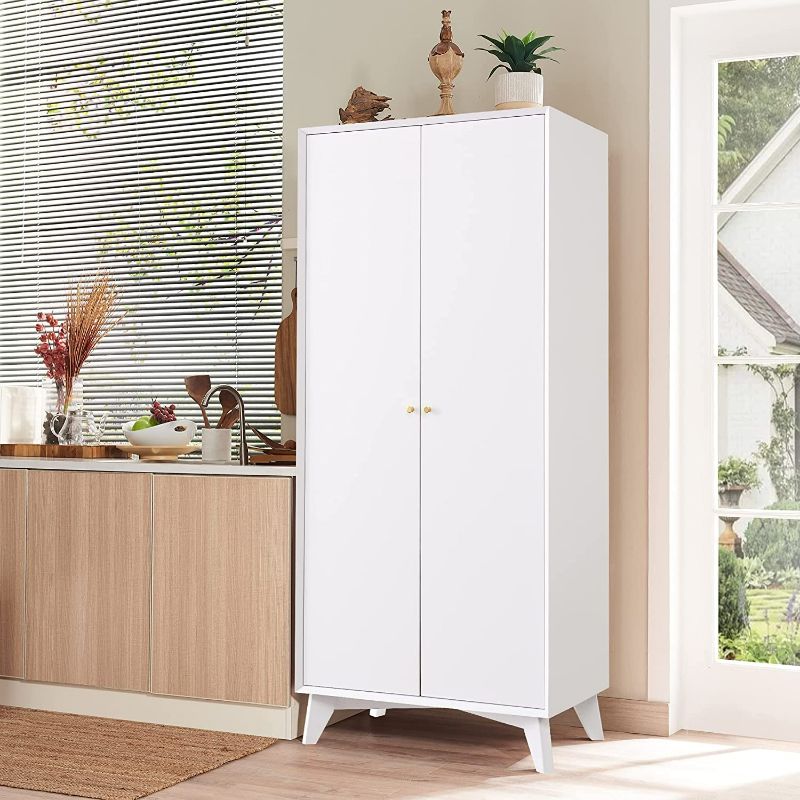 Photo 1 of OKD Kitchen Pantry Storage Cabinet, 72" Tall Mid Century Modern Wood Cabinet Organizer w/Doors Adjustable Shelves, 20" Deep Armoire w/Hanging Rod for Bedroom, Laundry, Bathroom, Utility Room (White) NEW 
