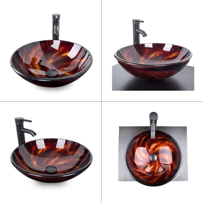 Photo 1 of Artistic Vessel Sink Bathroom Tempered Glass Vanity Round Bowl with Oil Rubber Bronze Faucet and Pop up drain Combo, Flame Red NEW 
