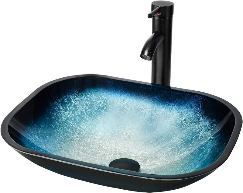 Photo 1 of Artistic Vessel Sink Bathroom Tempered Glass Vanity Bowl with Oil Rubber Bronze Faucet and Pop up drain Combo,Rectangle Blue NEW 