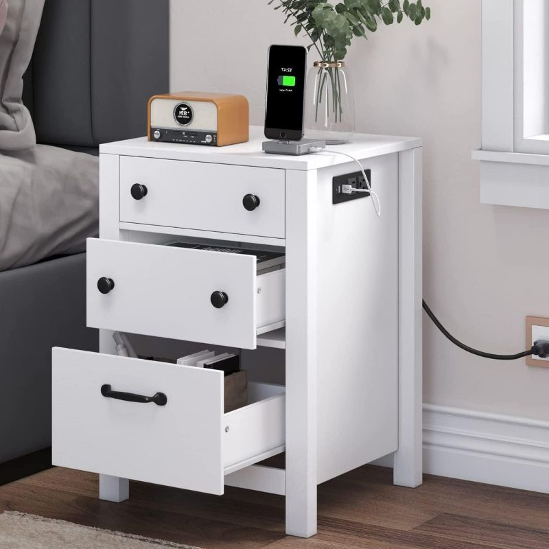 Photo 1 of 4 EVER WINNER Nightstand with Charging Station, White End Side Table with Charging Station and 2 Storage Drawers and Flip Tabletop, Beside Stands for Small Space, Bedroom, Living Room
