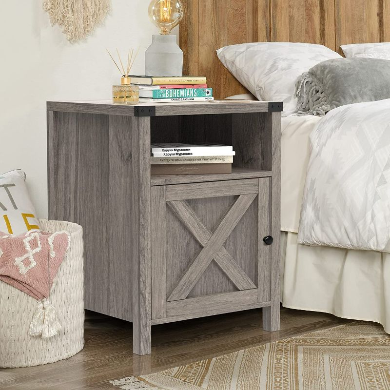 Photo 1 of Farmhouse Nightstand, Side Table, End Table with Barn Door and Shelf, Rustic Farmhouse Nightstands, Modern Bed Side Table End Table Night Stand for Bedroom, Living Room, Grey Wash NEW
