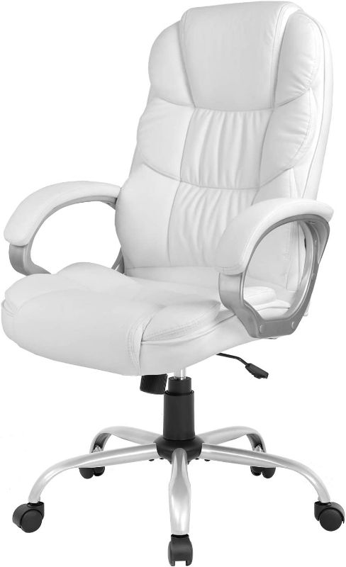 Photo 1 of Office Chair Computer High Back Adjustable Ergonomic Desk Chair Executive PU Leather Swivel Task Chair with Armrests Lumbar Support (White) NEW 
