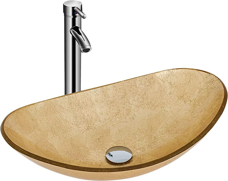 Photo 1 of YOURLITE Bathroom Sink,Boat Shape Bathroom Glass Vessel Sink with Faucet and Pop-Up Drain Bowl Vessel Sinks for Bathrooms, Gold NEW 