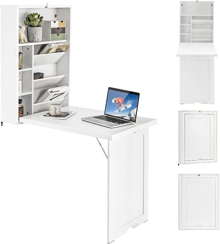 Photo 1 of Wall Mounted Desk, Folding Floating Desk with 3-Tier Tilt Storage Partition and Adjustable Shelves, Space-Saving Fold up Desk Laptop Desk, Convertible Writing Desk for Home Office (White) NEW 