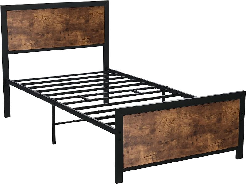 Photo 1 of Catrimown Twin Bed Frames with Headboard, Twin Size Platform Metal Bed Frame with 13 Strong Slat Support, Twin Bed Frame No Box Spring Needed, Under Bed Storage, Easy Assemble, Rustic Brown
