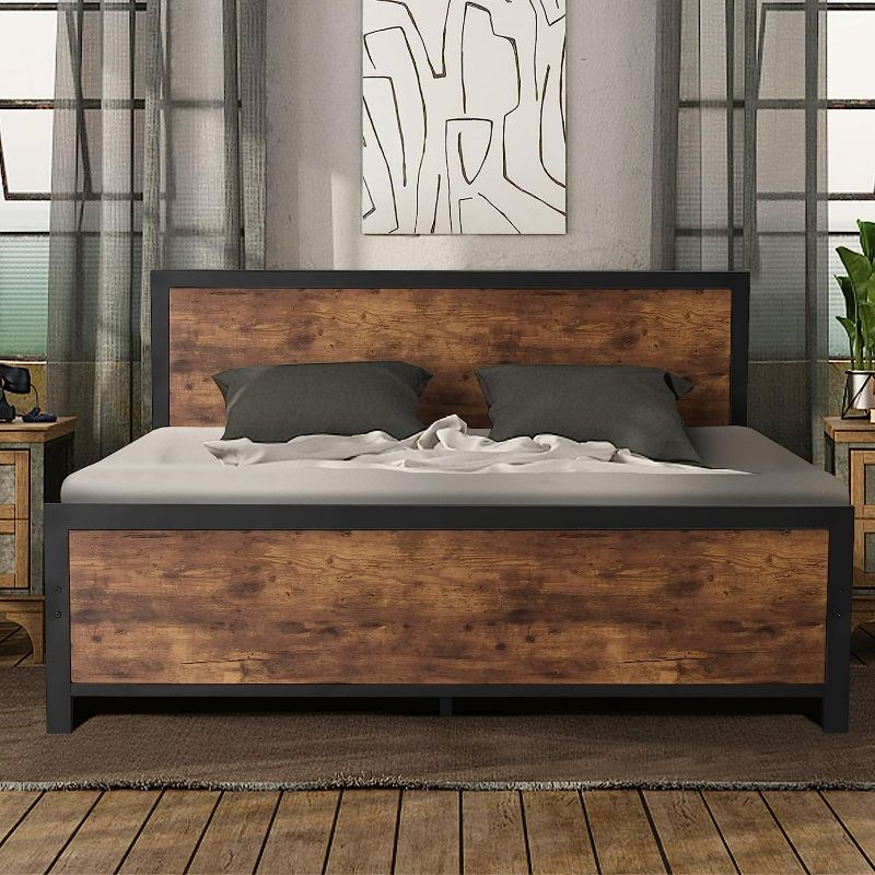 Photo 1 of Queen Size Platform Metal Bed Frame with Wooden Headboard and Footboard/Rustic Country Style Mattress Foundation /No Box Spring Needed/Under Bed Storage/Strong Slat Support, Rustic Brown (Queen) NEW 
