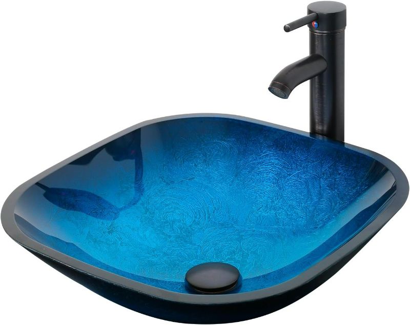 Photo 1 of Ocean Blue Square Bathroom Sink Artistic Tempered Glass Vessel Sink Combo with Oil Rubber Bronze Faucet and Pop up drain Bathroom Bowl(Square Ocean Blue)