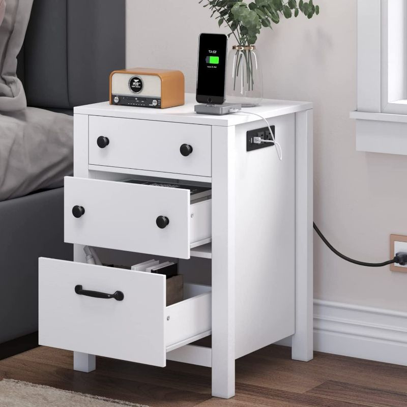 Photo 1 of 4 EVER WINNER Nightstand with Charging Station, White End Side Table with Charging Station and 2 Storage Drawers and Flip Tabletop, Beside Stands for Small Space, Bedroom, Living Room NEW
