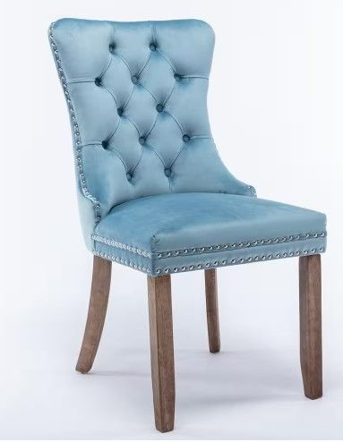 Photo 1 of Light Blue Modern Velvet Upholstered Dining Chair Tufted Nailhead Trim Side Chair with Wood Legs Set of 2 NEW
