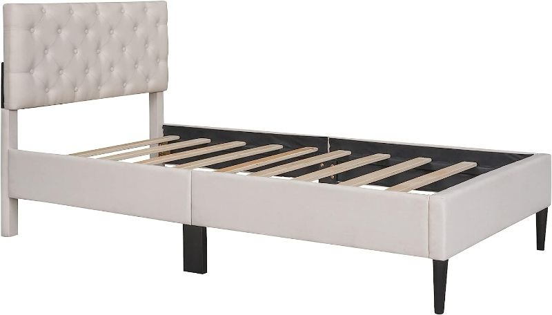 Photo 1 of Twin Bed Frame with Upholstered Headboard, Wood Twin Platform Bed for Bedroom, Strong Frame and Wooden Slats Support, No Box Spring Needed, Non-Slip and Noise-Free, Linen, Beige NEW 