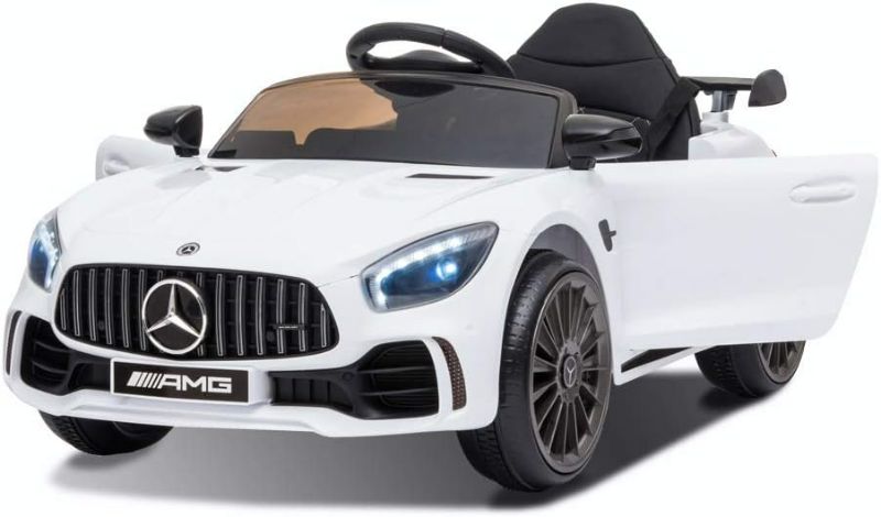 Photo 1 of Kids Ride On Electric Car Mercedes Benz AMG GTR Motorized Vehicles with Remote Control, 12V Battery Powered, Leather Seat, LED Lights, Wheel Suspension, Music, Horn, Portable Handle-White