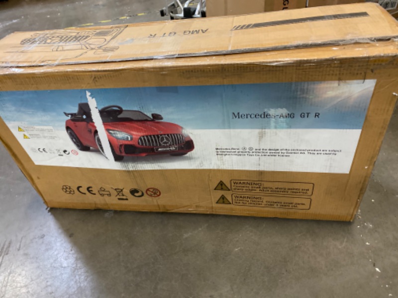 Photo 1 of Kids Ride On Electric Car Mercedes Benz AMG GTR Motorized Vehicles with Remote Control, 12V Battery Powered, Leather Seat, LED Lights, Wheel Suspension, Music, Horn, Portable Handle-White