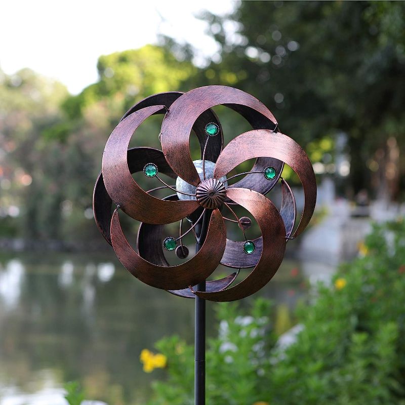 Photo 1 of olar Wind Spinner Improved 360 Degrees Swivel Multi-Color LED Lighting Glass Ball with Kinetic Wind Spinner Vertical Metal Sculpture Stake Construction for Outdoor Yard Lawn & Garden NEW 