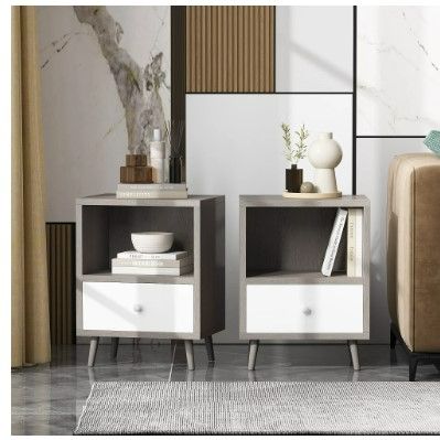 Photo 1 of JAXPETY Nightstand Set of 2 Bedside End Table with Open Storage and Drawer for Bedroom Living Room, Grey + White
