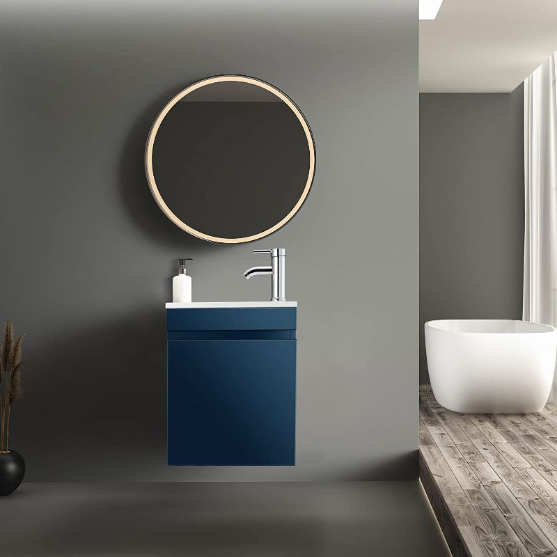 Photo 1 of Bathroom Vanity W/Sink Combo for Small Space, Wall Mounted Bathroom Cabinet Set with Chrome Faucet Pop Up Drain U Shape Drain(Blue) NEW 
