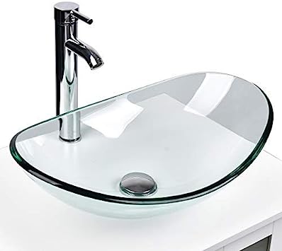 Photo 1 of Modern Tempered Glass Sink Bathroom Vanity Vessel Sink and Faucet Combo Boat Style Utility Sink Above Counter NEW