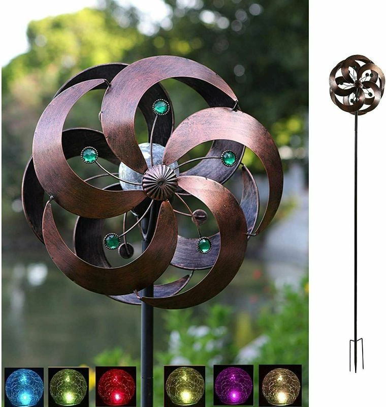 Photo 1 of HDNICEZM Solar Wind Spinner Improved 360 Degrees Swivel Multi-Color LED Lighting Glass Ball with Kinetic Wind Spinner Vertical Metal Sculpture Stake Construction for Outdoor Yard Lawn & Garden NEW 

