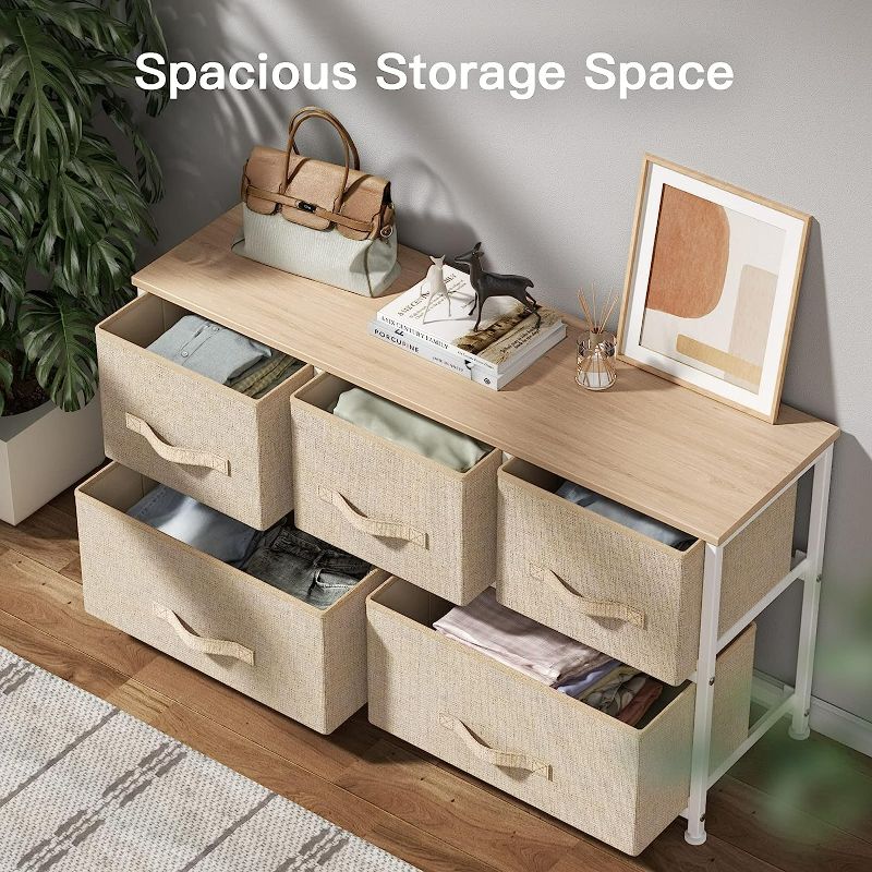 Photo 1 of Fabric Dresser, Dresser for Bedroom with 5 Drawers, Wide Dresser Storage Tower Organizer Unit with Wood Top and Easy Pull Handle for Closets, Living Room, Nursery Room, Hallway