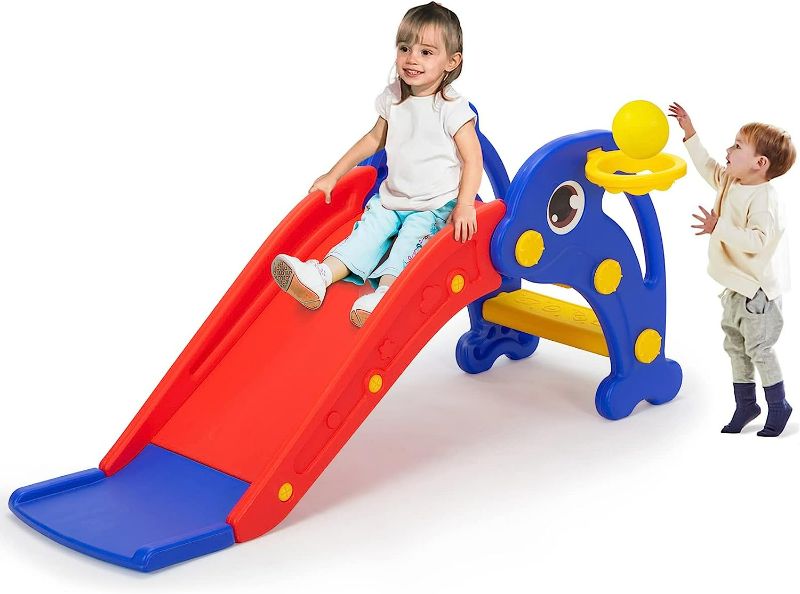 Photo 1 of Kids Slide Freestanding Climber Slide for Toddler Age 1-3,Indoor Outdoor Slipping Slide Toy Playset with Basketball Hoop & Ball