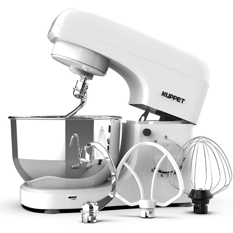 Photo 1 of KUPPET Stand Mixer, 8-Speed Electric Mixer, Tilt-Head Food Mixer with Dough Hook, Wire Whip & Beater, 4.7QT Stainless Steel Bowl, White NEW 